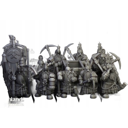 Dwarfs Miners Unit x7 + command - Bigusson - Druk 3d- Highlands Miniatures