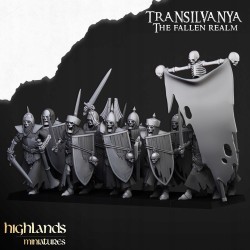 Skeletal Guard with hand weapons and shields x7 + CMD-Highlands Miniatures