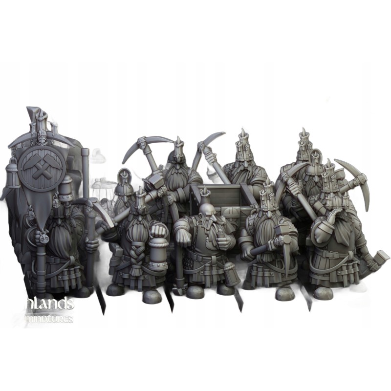 Dwarfs Miners Unit x7 + command - Bigusson - Druk 3d- Highlands Miniatures