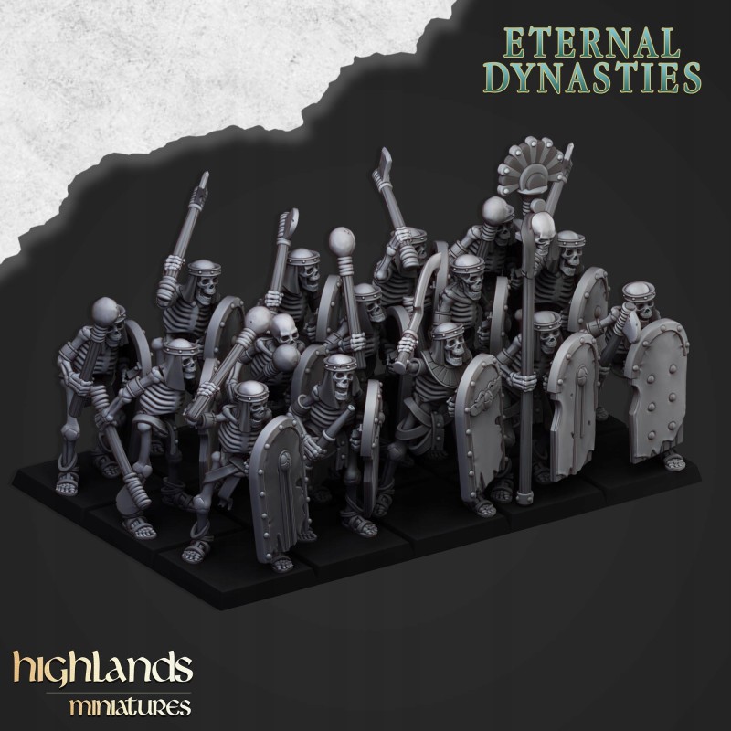 Ancient Skeletons with hand weapons x7 + command - Highlands Miniatures