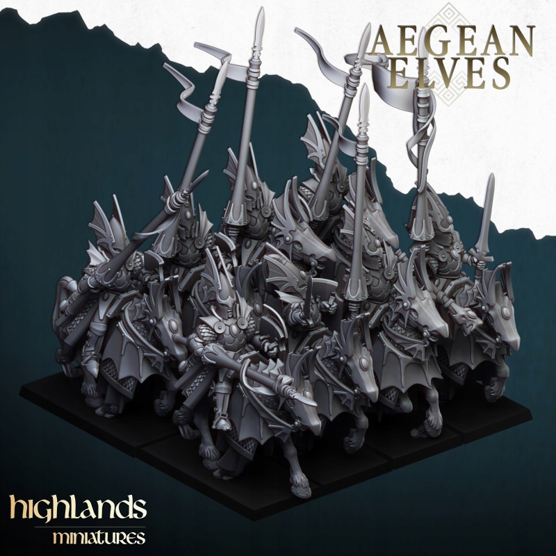 Aegean Elves Mounted Dragons x7 + cmd - Bigusson - Highlands Miniatures